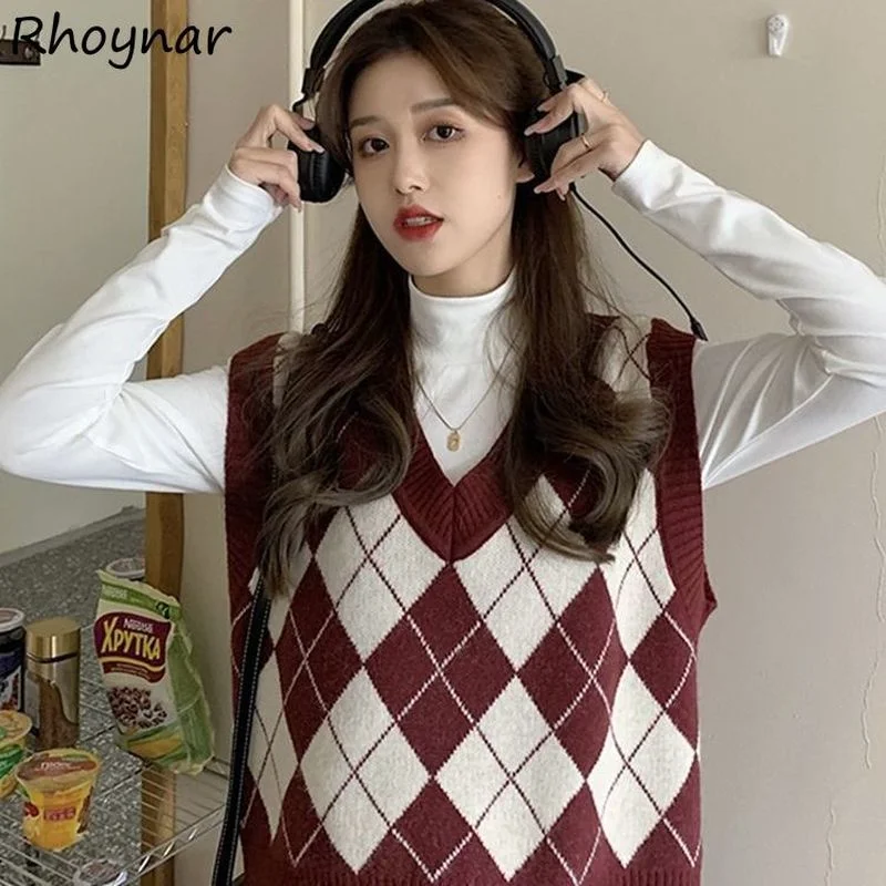

Sweater Vest Women Simple Basic All Match Student Autumn Comfort Street Wear V-neck Argyle Retro Mujer Hot Selling Casual New