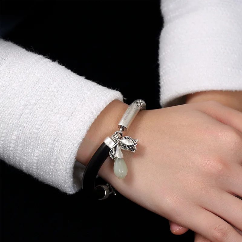 

Guaranteed S990 Sterling Silver Hollow Plum Blossom Ebony Hetian Magnolia Vintage Open Women Bracelet