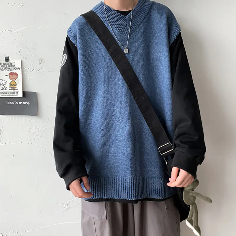 

Neploha 2021 Men's Autumn Solid Color V-Neck Sleeveless Sweaters Casual Korean Man Vest Pullovers Loose Streetwear Male Tops
