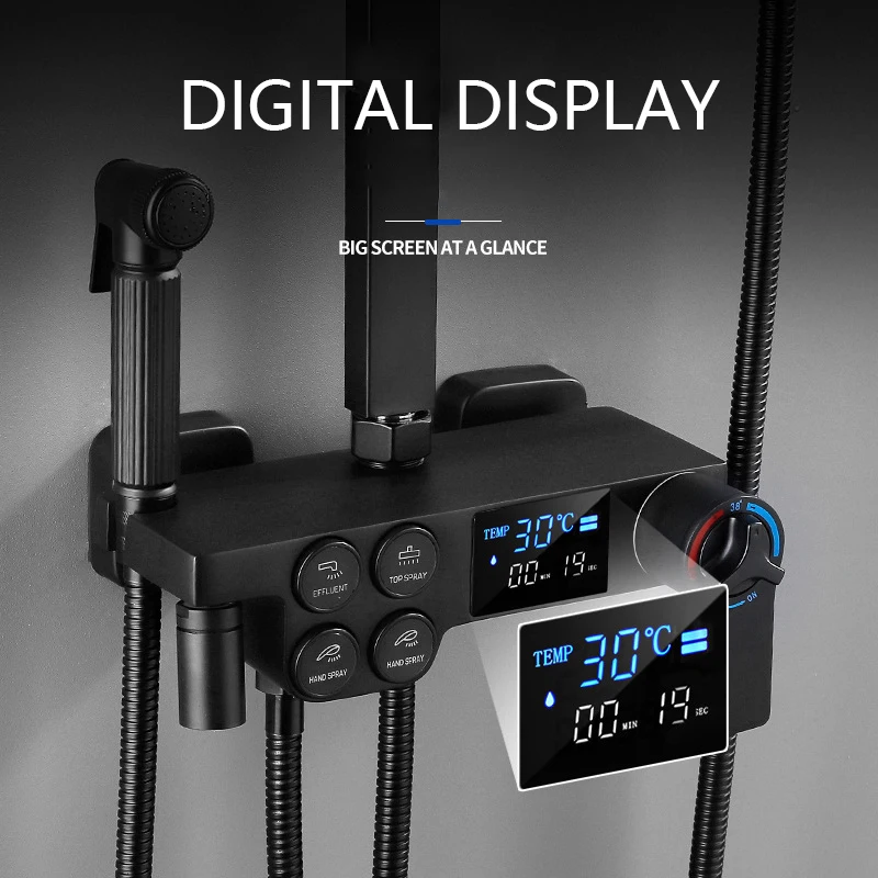 Hot Cold Mixer Shower Set Bathroom Smart Thermostatic System Square Head Automatic Bath Faucet Wall Mount Luxury Black | Обустройство