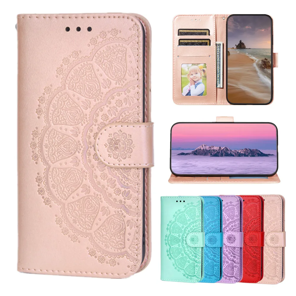 

Business Flip Wallet Leather Case for Nokia 1.4 Coque Mandala Embossed Pattern Fundas Card Holder Folded Stand Shockproof Cover