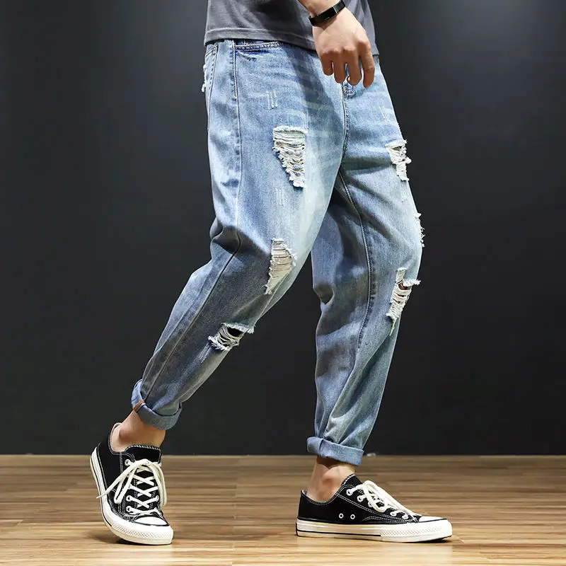 

2021 new vintage harem jeans men's loose torn denim trousers Korean fashion small foot harem pants hip-hop nine cent jeans