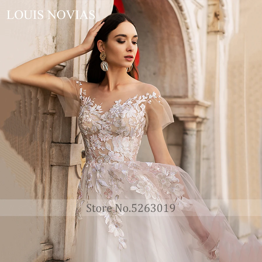 Louis Novias Beach Wedding Dress 2019 New Arrival Invisible Neckline Illusion Backless Embroidered Organza and Tulle Short | Свадьбы и