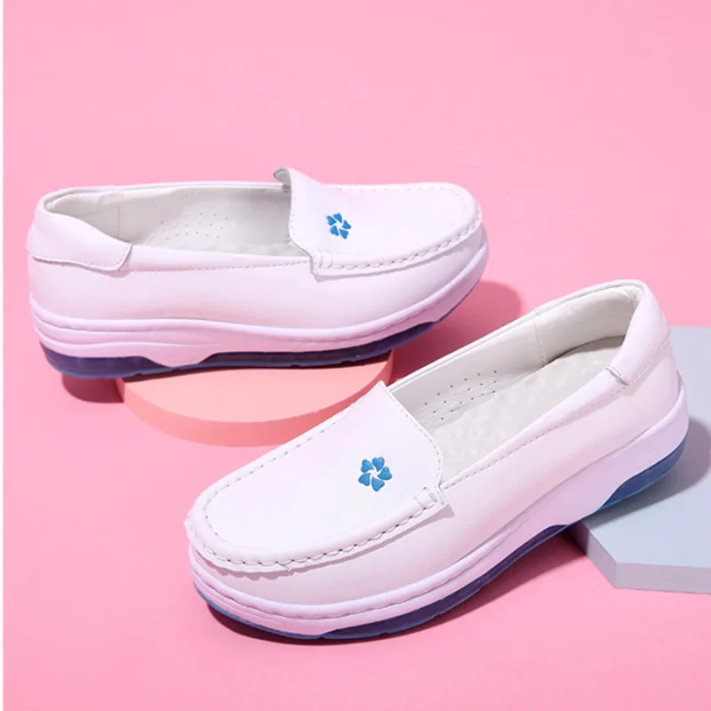 Woman Flats Real Leather Casual Shoes Size 41 Fashion Nurse Slip on Shoes for Women Loafers Non Slip White Flat Shoes Women