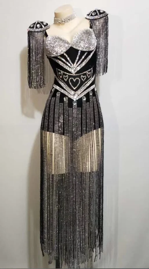 

Sparkling Rhinestone Women Rompers 2021 Tassels Handmade High Quality Bodysuit Outfit Bar Singer Stage Performance Costume