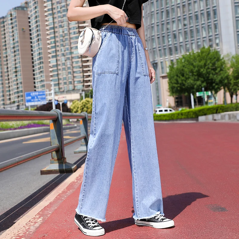 

Frayed Hem Summer Thin High Waist Wide Leg Straight Loose Jeans for Women S M L XL