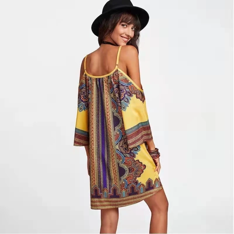 

2021 Summer New Female Dress Women Beach Sling Dress Off The Shoulder Flared Sleeves Loose Waist Casual Dresses