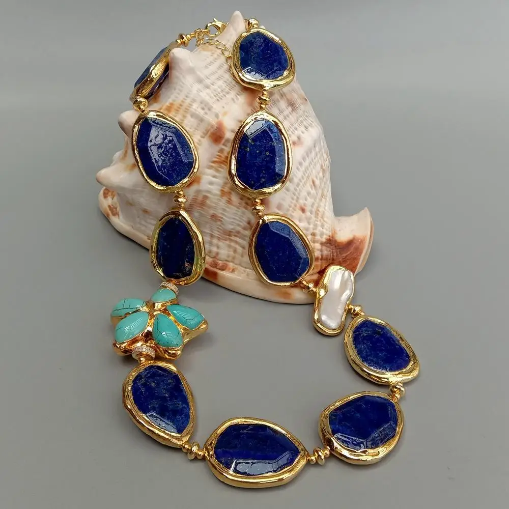 

YYING Blue Lapis Lazuli Turquoise Flower White Biwa Pearl With Electroplated Edge Necklace