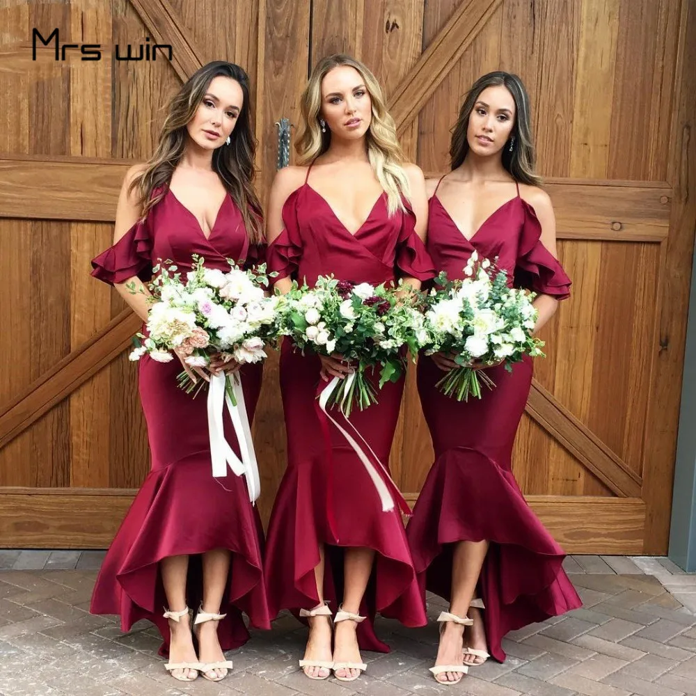 Mrs win платья подружек невесты Бургундия с открытыми плечами слинг свадебные