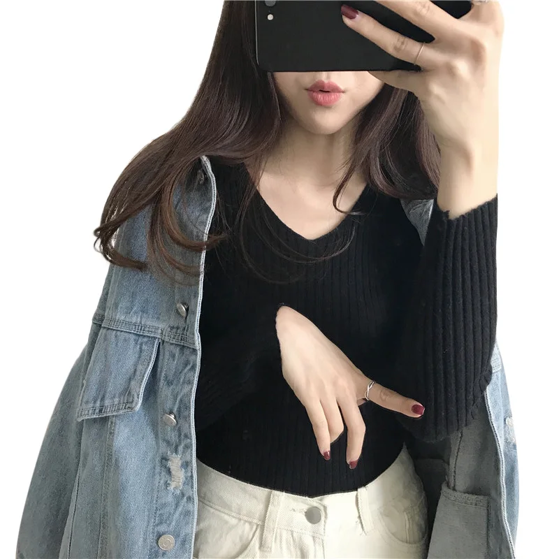 

Sweater Winter Pullovers Women Concise V-neck Knit Long-sleeve Sweaters Slim Tight Warm Tops Solid Color Sweaters Jumper Top