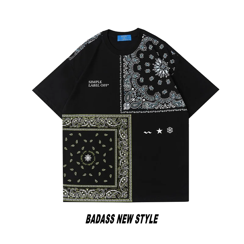 

Summer Fashion Hiphop Streetwear T-Shirt Men Cashew Flower Dislocation Totem Print Tops Short Sleeve Men Cotton Tee Male 2 Color