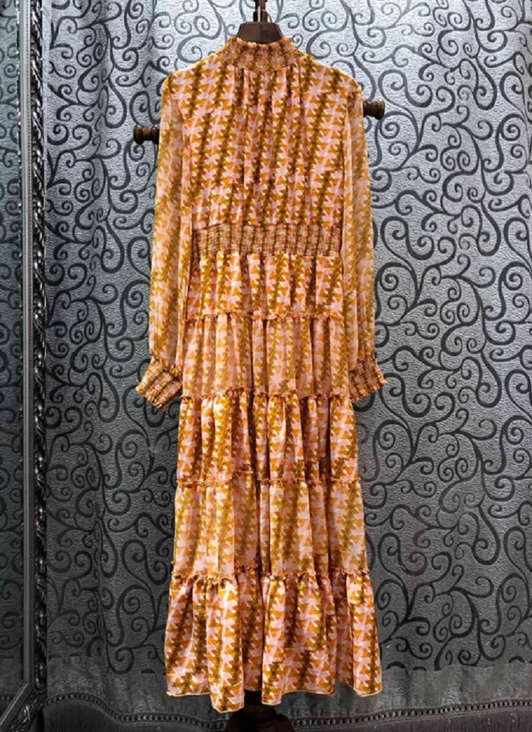 

Newest Fashion Dress 2020 Spring Summer Women Ruffled Collar Elastic Waist Long Sleeve Yellow Print Dress Chic Party Clubwear