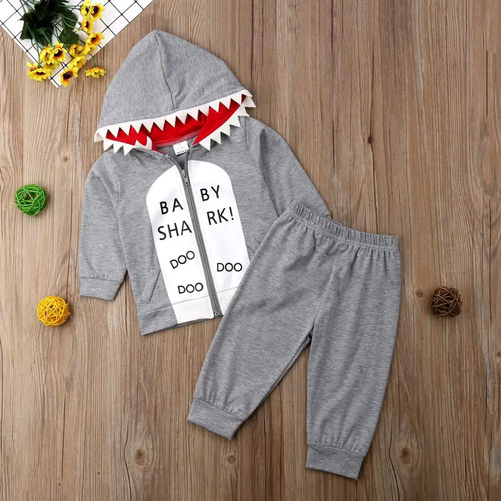 2020 kids baby boys clothing set casual long sleeve hoody jacket with shark cap+ pants trpusers 2pcs spring | Детская одежда и