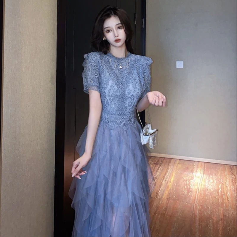

Lace Mesh Long Dress Women O-Neck Short Sleeve Party Dress High Waist Hollo Out Summer Dress Plus Size Korean Runway French B971