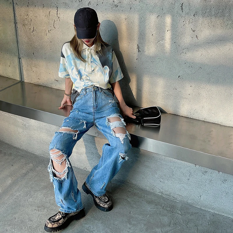 

CHICEVER Casual Hole Patchwork Tassel Denim Pant For Women High Waist Full Length Straight Loose Jeans Female Summer Fashion New