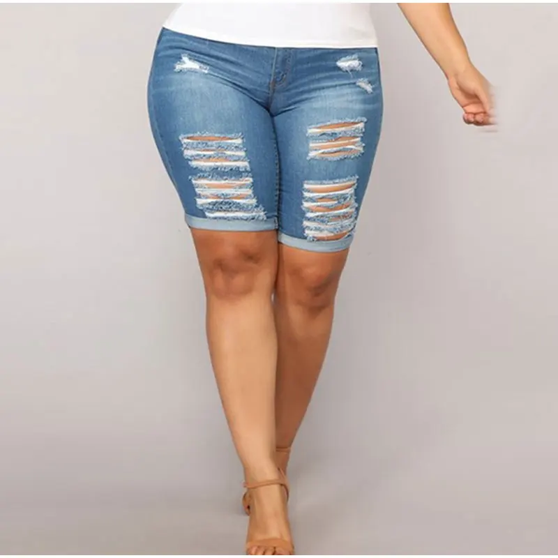 Женские джинсовые шорты размера плюс с рваными дырками летние повседневные
