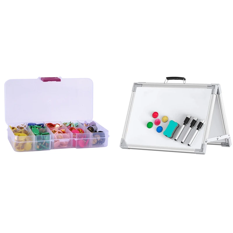 

Hot SV-300 Pcs Map Thumb Tacks Round Plastic Head Drawing Pins & 1 Set Foldable Whiteboard Double-Sided Magnetic Board Holder