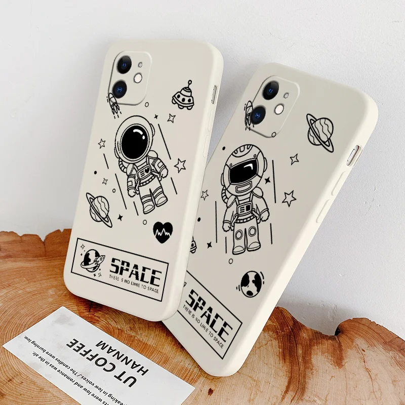 

Love Astronaut Camera Lens Protect Case For iPhone 12 11 Soft Liquid Silicone Phone Cover For X XR XS MAX SE2020 8 7 6 6S Plus