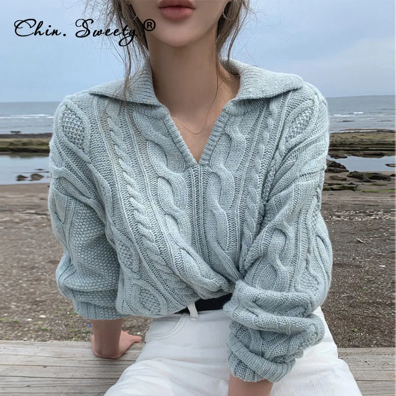 

Women's Loose Cable Knitted Sweater Long Sleeve 2021 Autumn V-neck Patchwork Vintage Pullovers Ladies Fashion All-match Knitwear