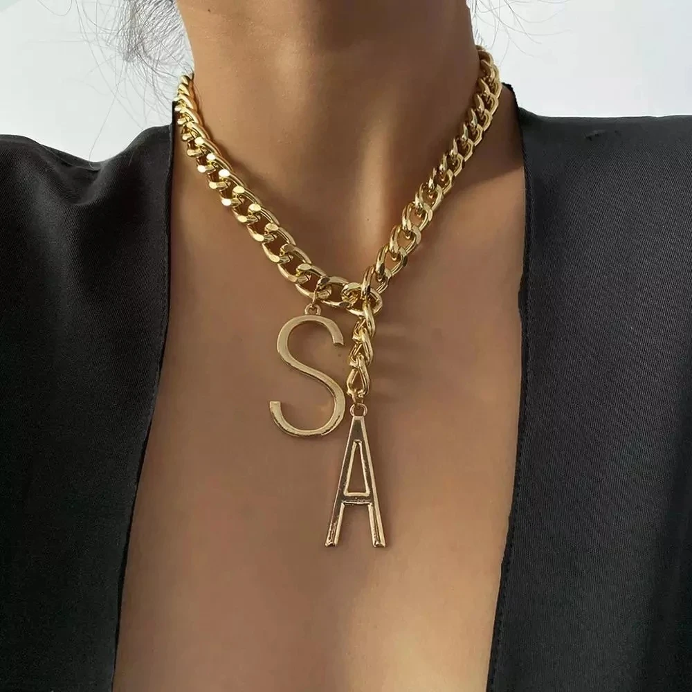 

Lacteo Miami Cuban Chain Big Letter S A Pendant Necklace Punk Chunky Thick Chain Charm Necklace Jewelry for Women Accessories