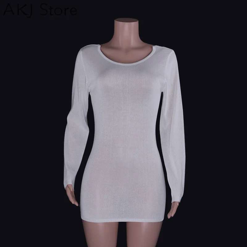 

2021 Summer Beach Style Women Sexy Backless Long Sleeve See Through Knitted O-Neck Asymmetry Dress
