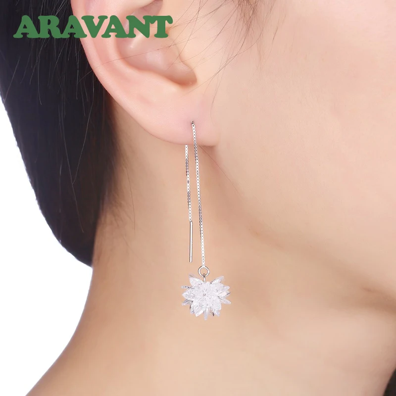 925 серебро белый Ледяной цветок Длинная цепочка Висячие серьги для женщин