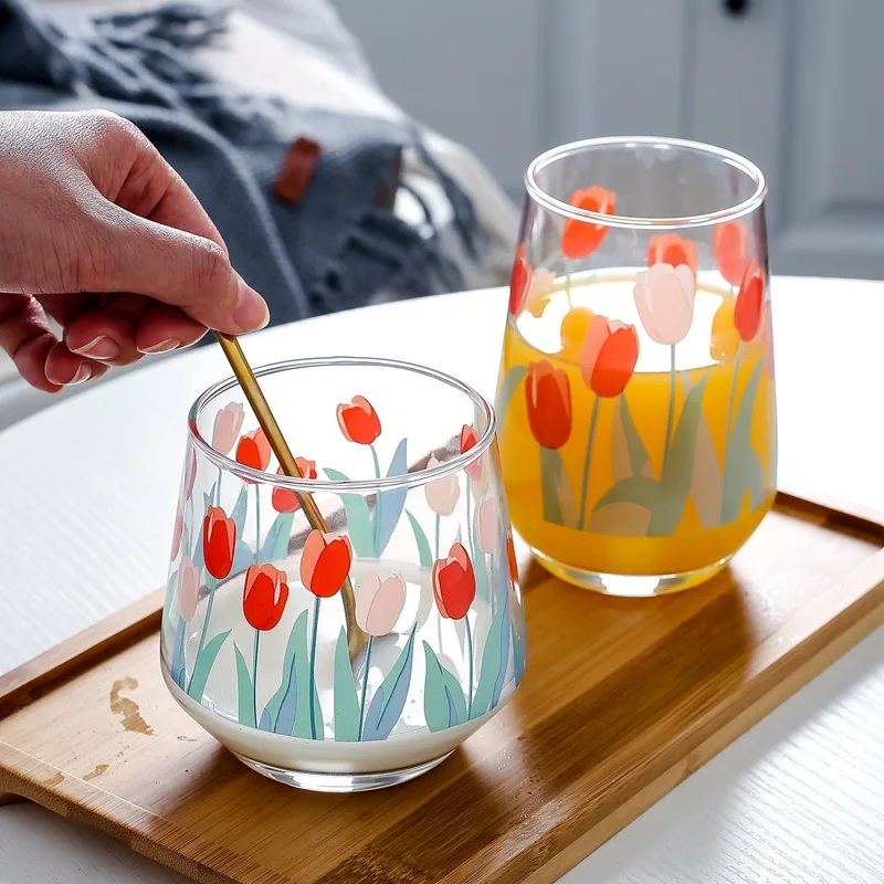 Корейский стиль Instagram стеклянная чашка для молока ручная роспись Тюльпан Цветок