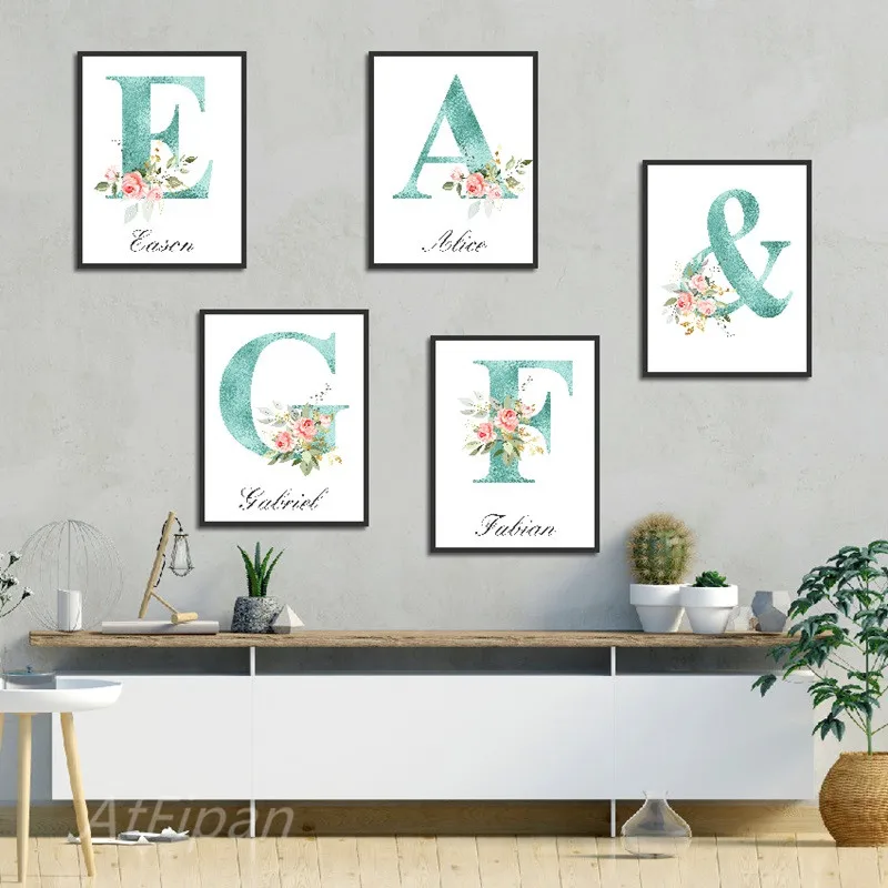 Индивидуальная картина с именем ребенка минималистичные буквы розовыми цветами