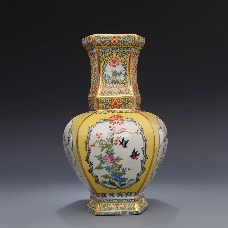 Qianlong's эмаль цвет золото цветы и птицы шесть квадратных плоских ВАЗ античный