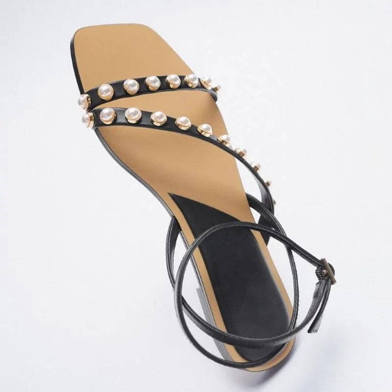 

Open Toe Pearl Sandals Comfort Shoes for Women Suit Female Beige Large Size All-Match Summer Heels Peep Square Flat Black Big 20