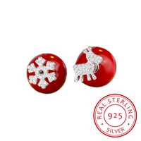 925 sterling silver christmas jewelry micro cz elk deer snowflake red pearl earrings for women girl s e486