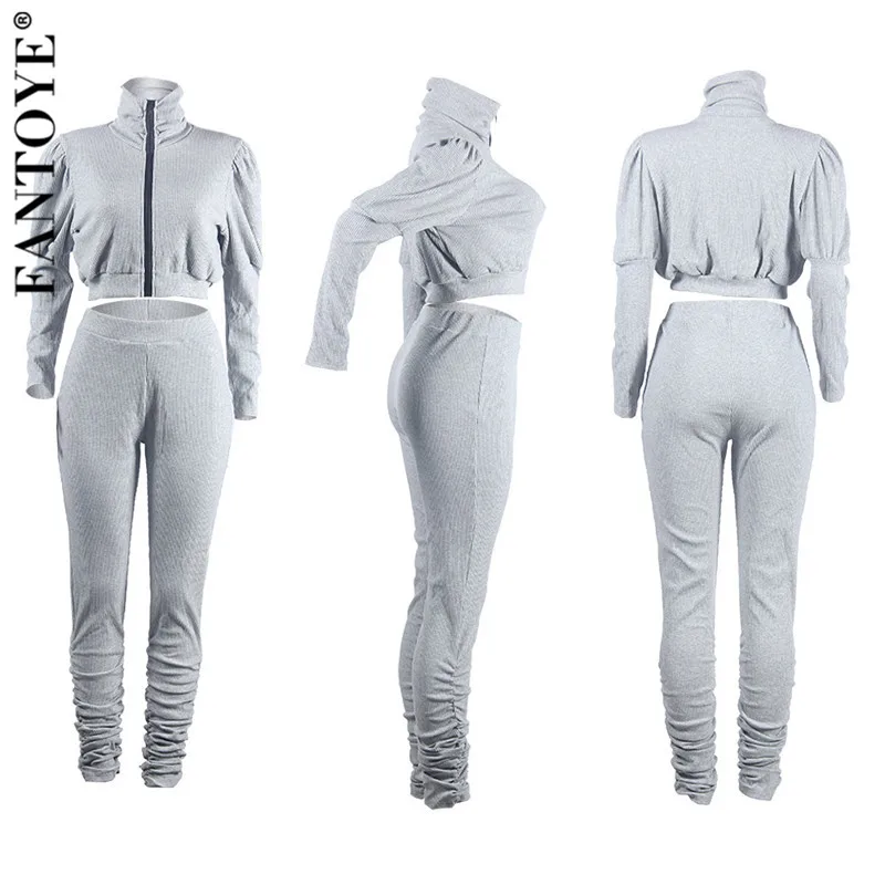FANTOYE Casual Black Turtleneck Two Piece Set Jumpsuit Women Cotton Puff Sleeve Crop Top And Pants Elastic Sweatshirt Suits | Женская