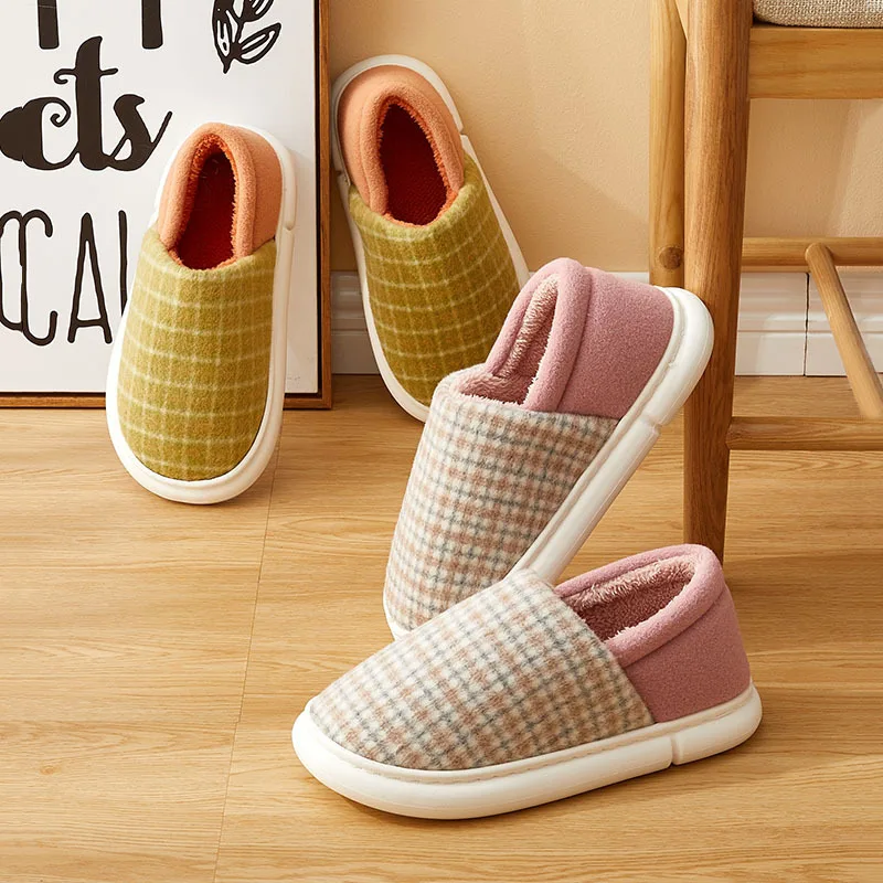 Home Slippers For Women Winter Striped Plaid Couple Cotton Shoes Ladies Casual Plush Slippers Anti-slip Thick Sole Platform Shoe