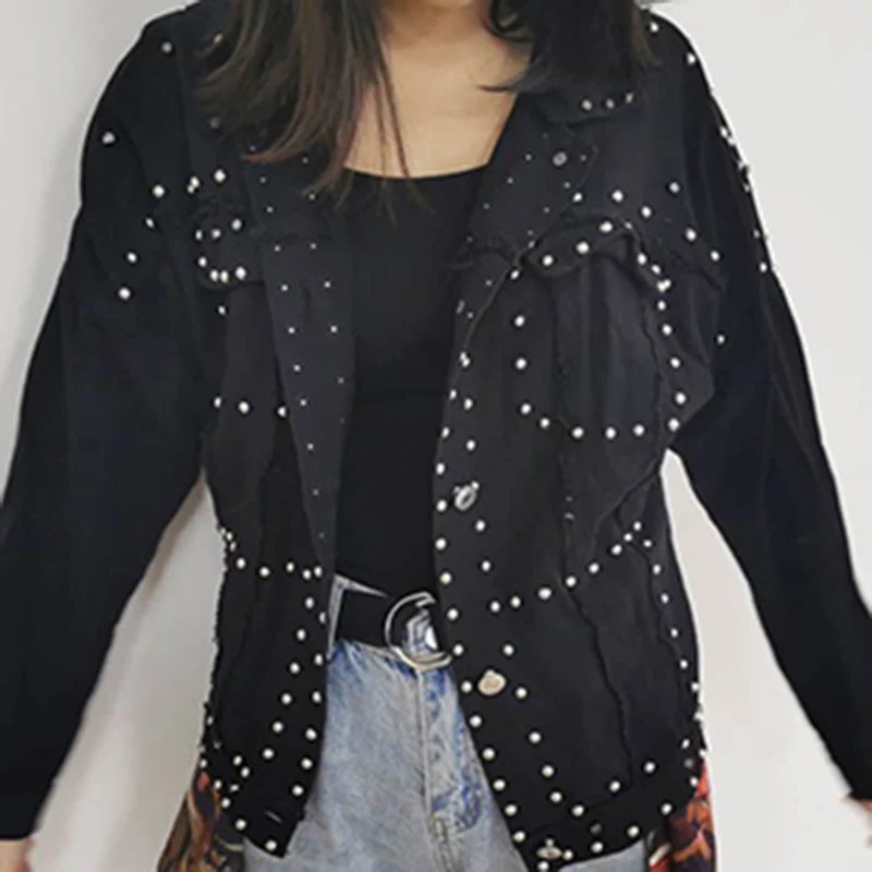 Куртка женская джинсовая с заклепками свободная уличная одежда шипами|Женские