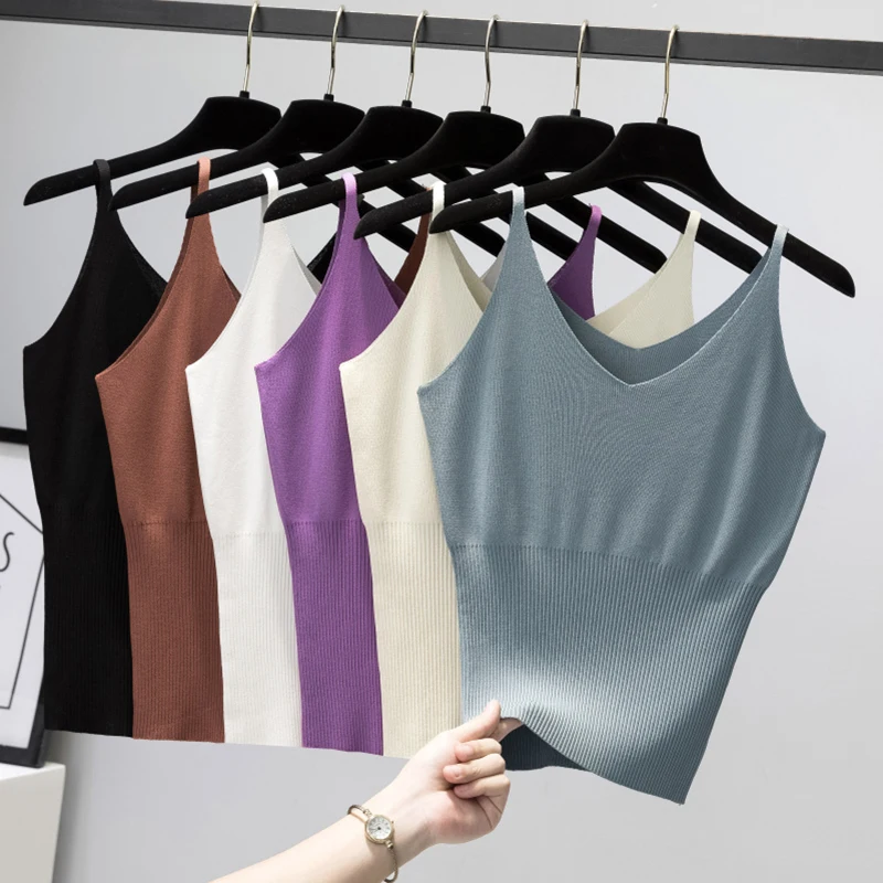 

New Short Knit Tank Vest 2022 Summer Basic V-NECK Camisole Tank Top Women Strap Basic Sexy Thin Camis Female Casual Solid Femme