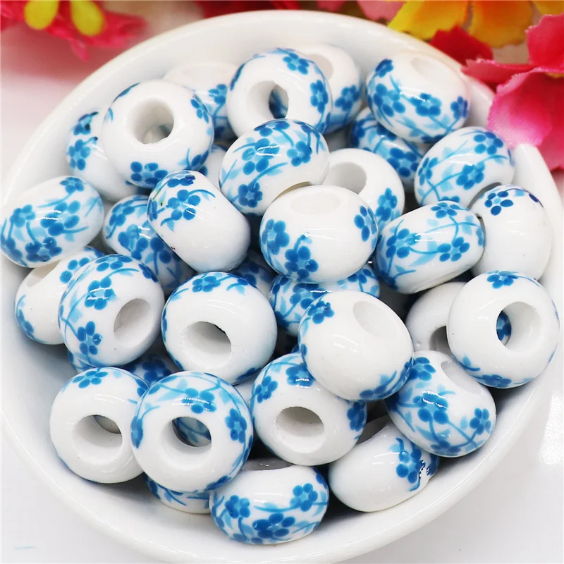 

10Pcs 14mm 16mm Colorful Flower Ceramic Beads Big Hole Loose Spacer Porcelain DIY Craft Beads for Bracelet Bangle Jewelry Making