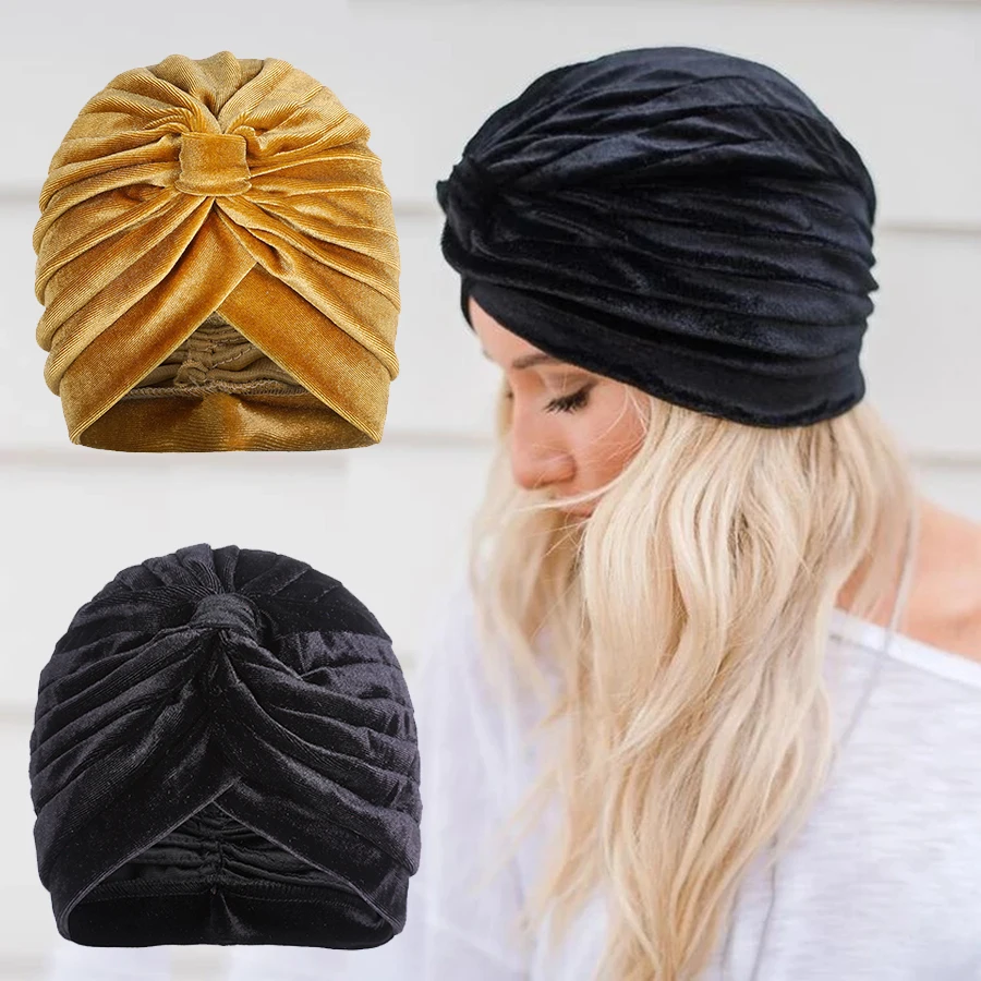 

Haimeikang Women Velvet/Cloth Turban Hat Fashion Folded Chemo Cap Headdress Muslim Headwrap Solid Color Cap Hair Accessories