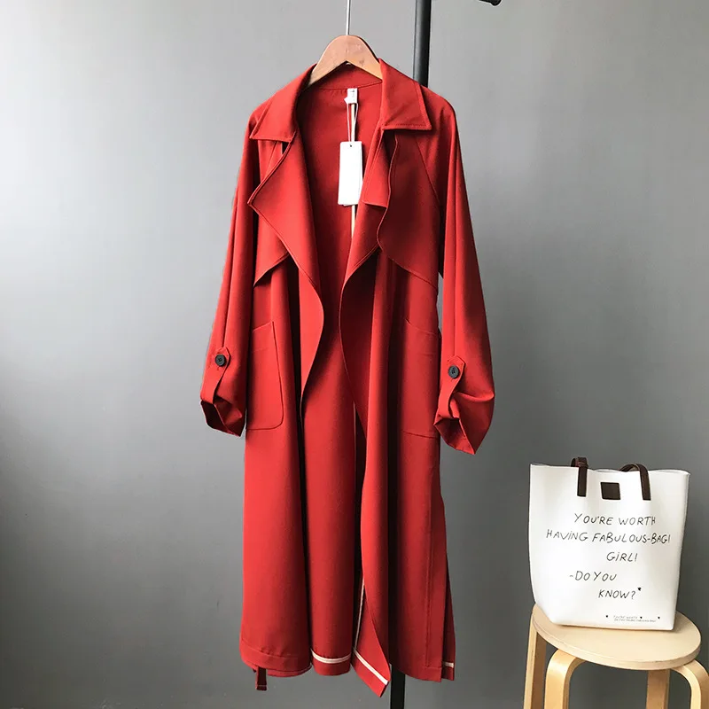 

Fashion and elegant solid color windbreaker women's coat with pockets 2020 fashion open He hem belt coat casual long windbreaker
