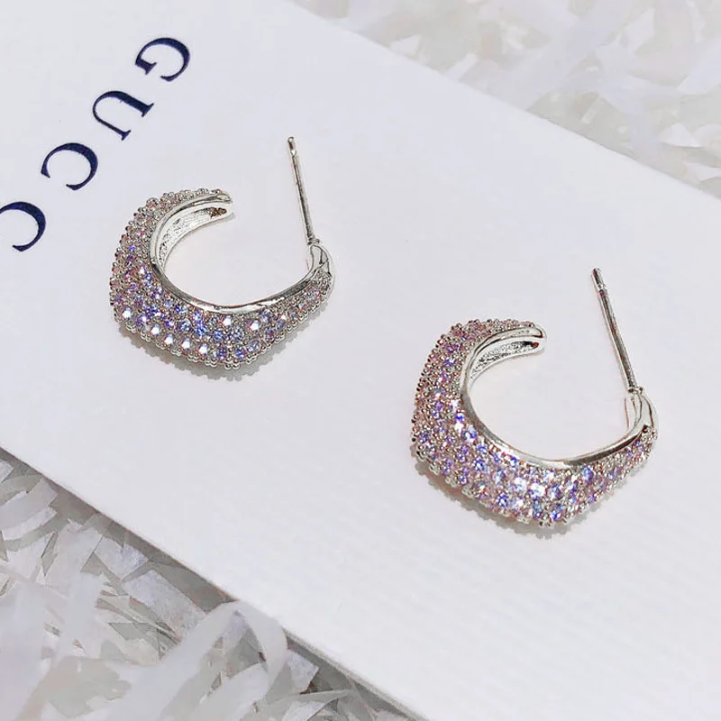 

LOVOACC Dainty Bling Bling Full CZ Cubic Zircon C Shape Hoop Earrings for Women Irregular Geometric Statement Earring Jewelry