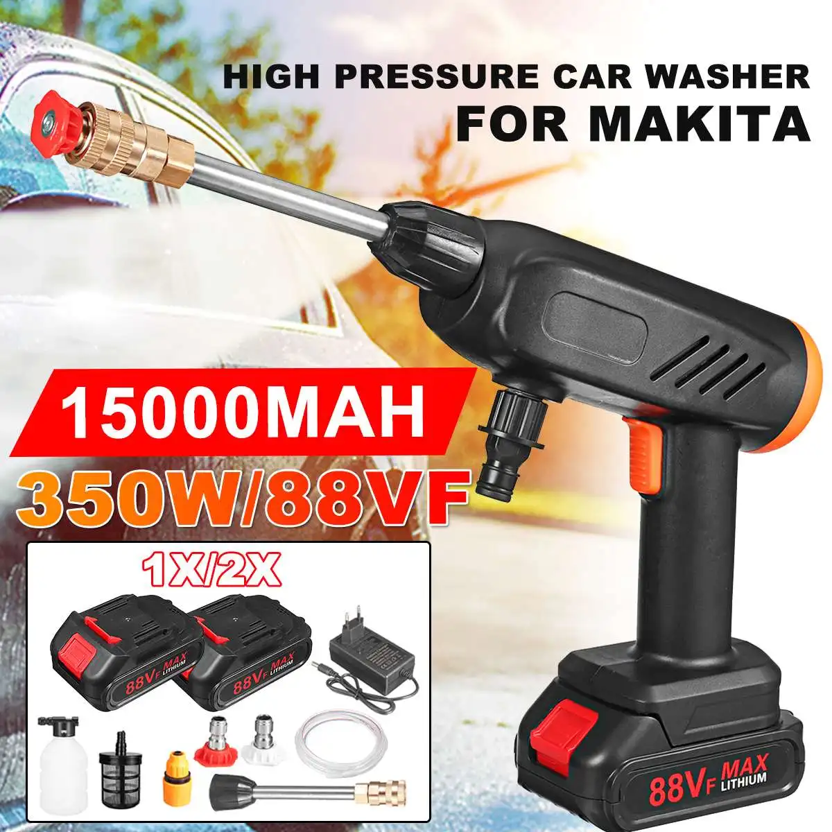 

88VF 15000mAh Cordless Power Washing Machine Wireless Car Washer High-pressure Water Pump Spray For Makita Battery
