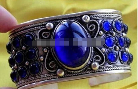 + 202 коллекционные! Тибетская Серебряная Инкрустация синий Нефрит Манжеты стиль