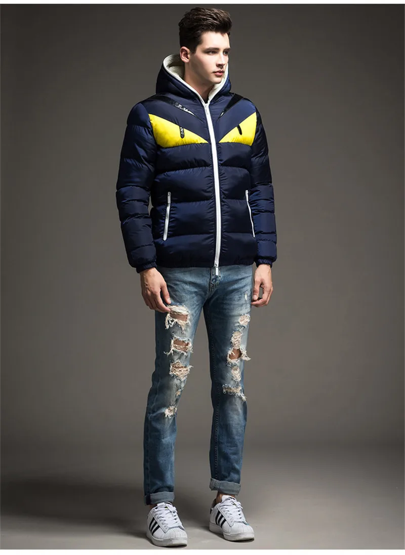 Красивые мужские парки пуховики хлопковые куртки Россия Мода милый оранжевый синий мультфильм печати с капюшоном зимние уличные теплые пальто