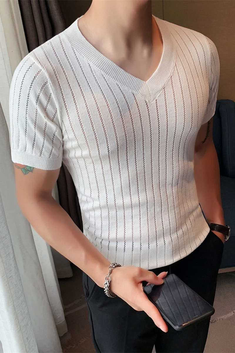 

Men T-shirt Short-sleeved Fit V-neck Tops Solid Color Knit Ice Silk Casual Base Shirt For Business Tidal Current Hot Sale