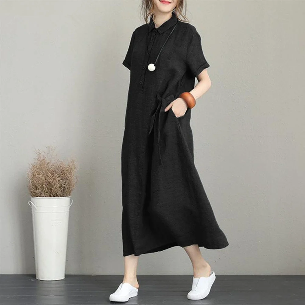 

Japanese Style Solid Color Lapel Summer Pocket Loose Casual 2021 Summer New Simplicity Temperament Women's Dress
