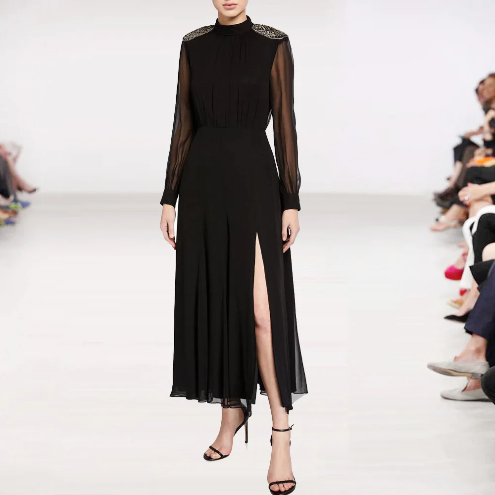 

High Quality Spring and Summer Women's New Round Neck Long-sleeved Shoulder-order Baht Linen Yarn Lower Slit Dress