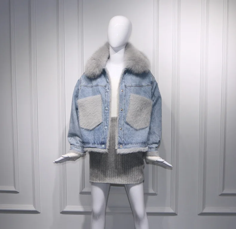 Женская куртка из джинсовой ткани свободная флисовая с воротником натурального