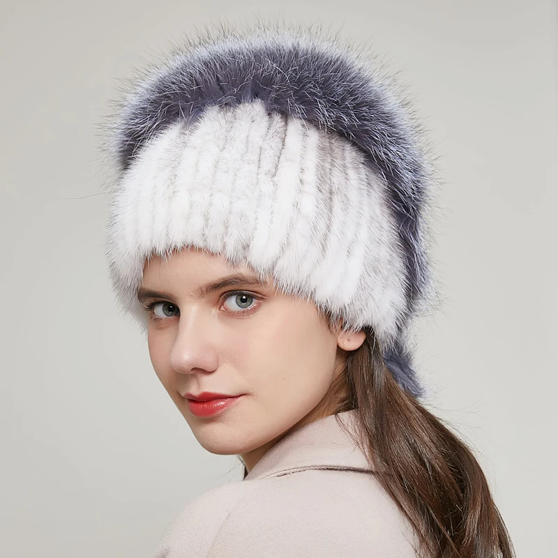 Real Mink Fur Hat Winter Women's High Quality Fashion Heart Shaped With Rhinestone Ball Hot Selling Beanie Style