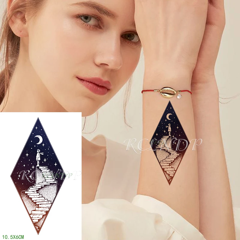 Водонепроницаемая Временная тату наклейка Луна Звезда мальчик лестница флэш