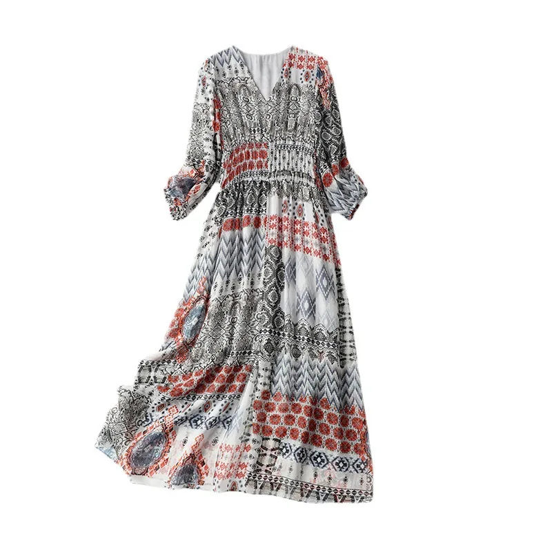 

Woman Floral Dress 100% Silk V Neck Retro Dress Women 2021 Spring Summer Print Dresses Ethnic Style Mulberry Silk Dress