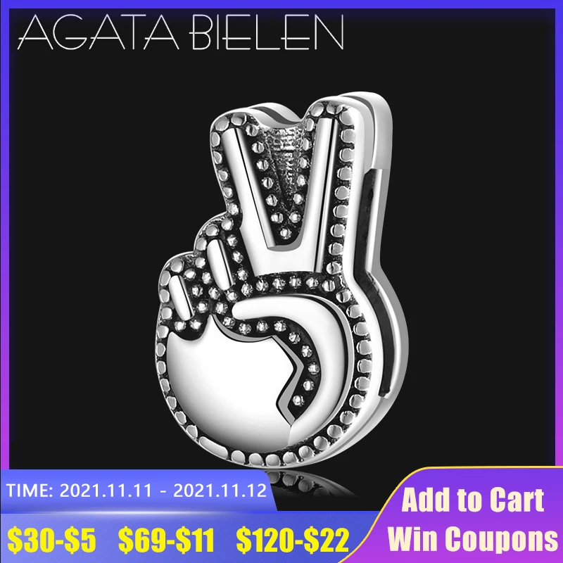 

Top quality Fine 925 Sterling Silver Victory V pose Beads charm Fit Original Charms reflection Bracelet fine Jewelry